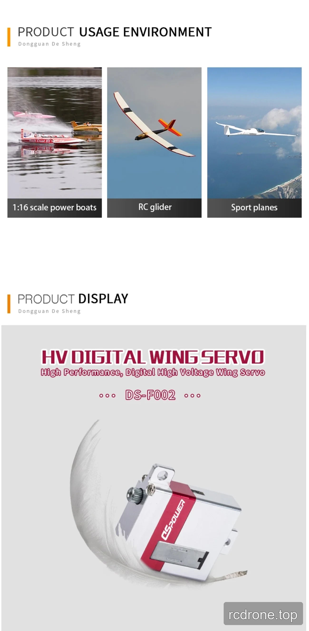 DSpower DS-F002 digital slim-wing servo feature and application graphic — section 2 of 3