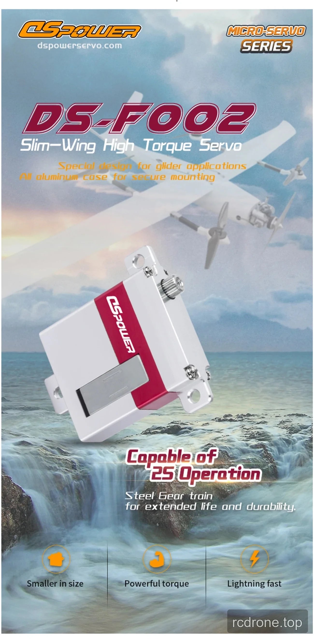 DSpower DS-F002 digital slim-wing servo feature and application graphic — section 1 of 3