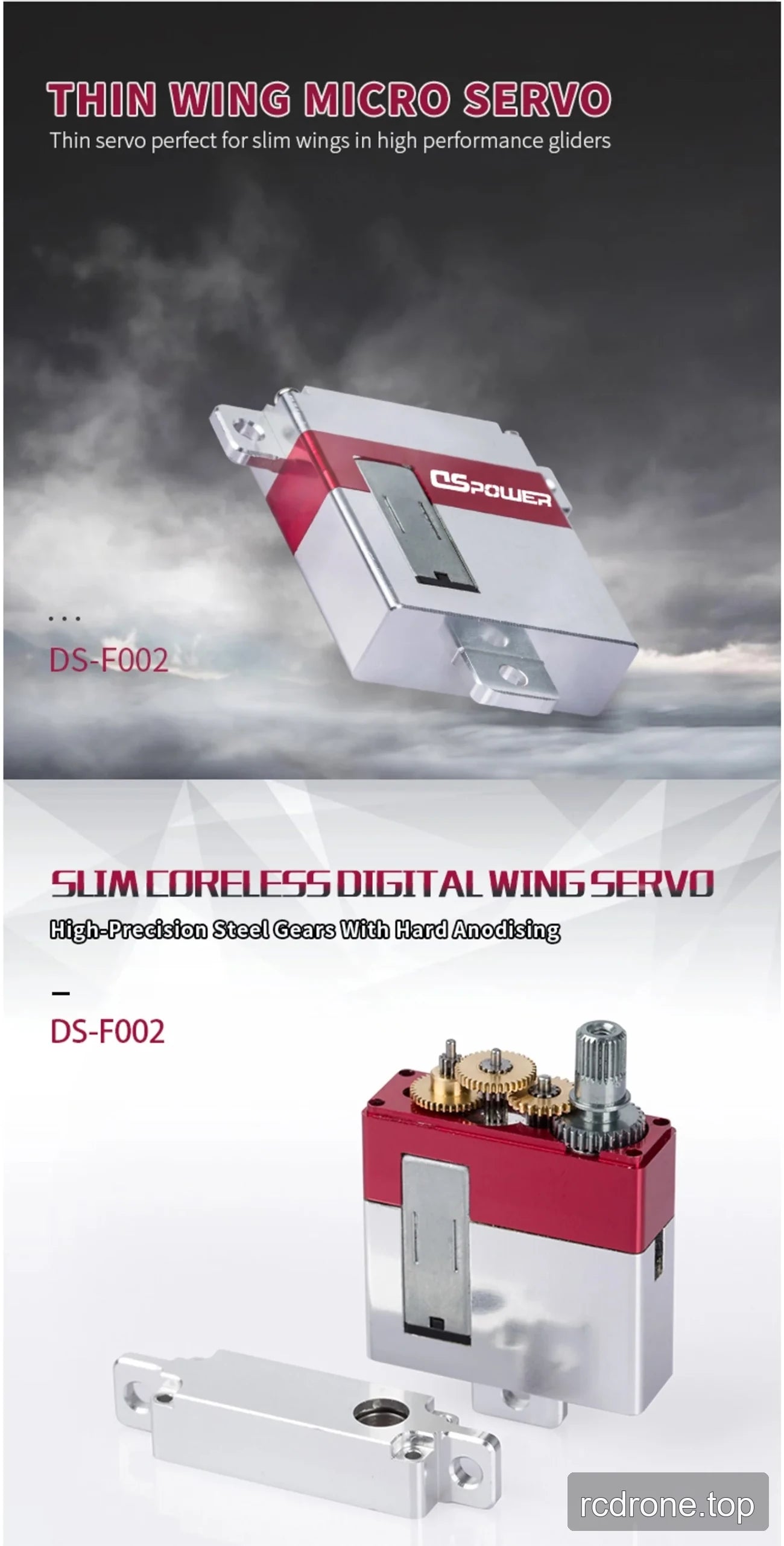 DSpower DS-F002 digital slim-wing servo feature and application graphic — section 3 of 3
