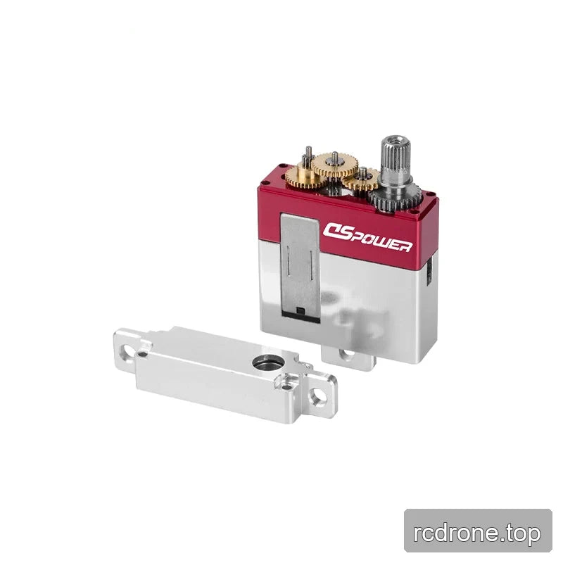Opened DS-F002 servo motor showing internal brass and steel gears beside its removed silver metal top cover.