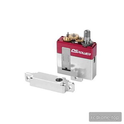 Opened DS-F002 servo motor showing internal brass and steel gears beside its removed silver metal top cover.