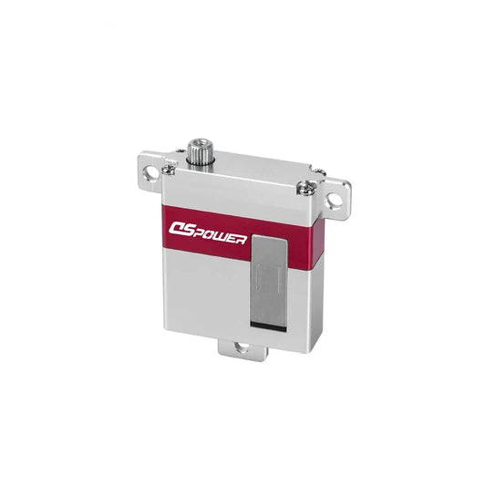DS-F002 servo motor with silver metal housing, red center band, mounting tabs, and splined output shaft.