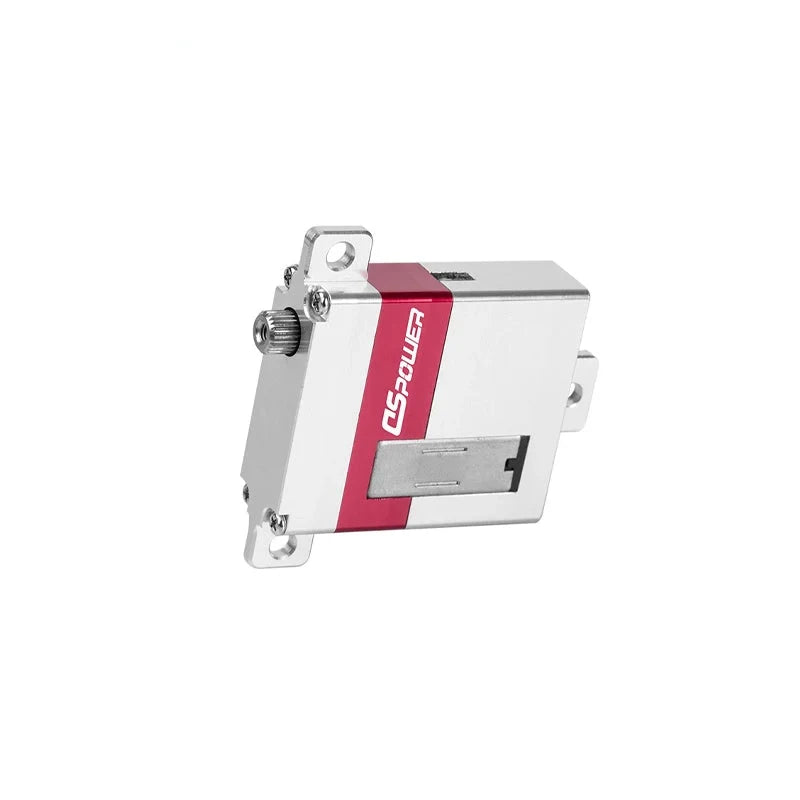 DS-F002 servo motor shown horizontally, with silver housing, red side band, mounting tabs, and output shaft.