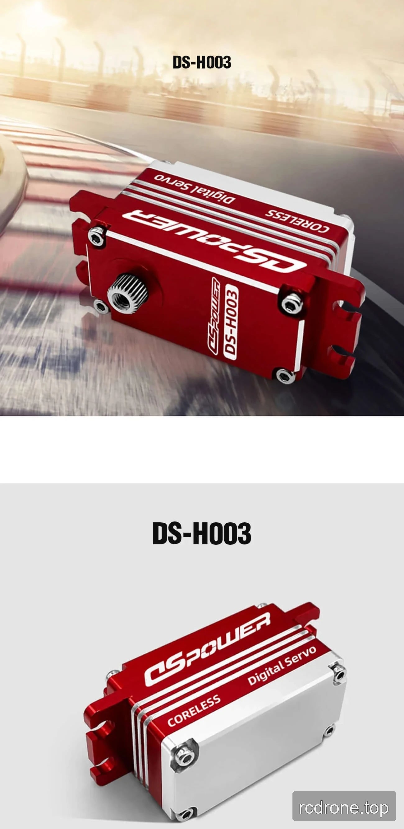 DSpower DS-H003 red and silver coreless digital servo with dimensional graphic — section 3 of 4