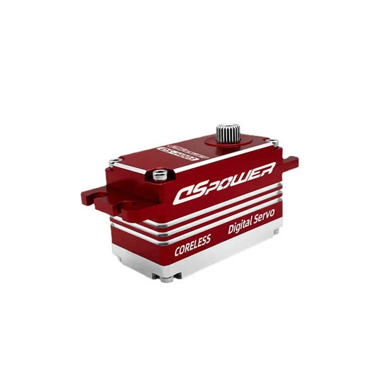 Red and silver DSpower DS-H003 servo motor shown upright with splined output shaft and mounting tabs.