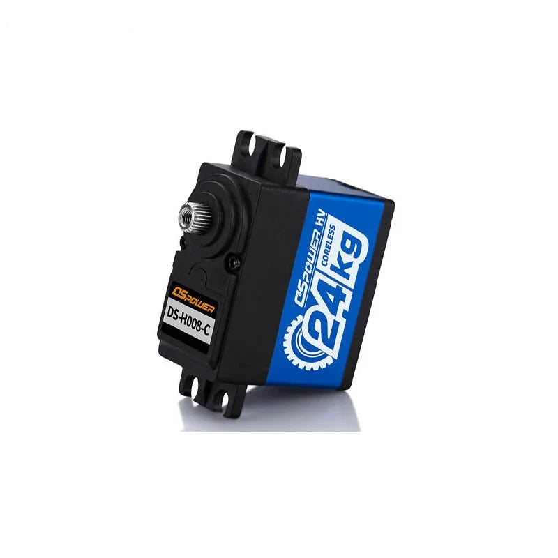 DSpower DS-H008-C blue and black servo motor shown on its side, with front label, splined shaft, and mounting tabs visible.