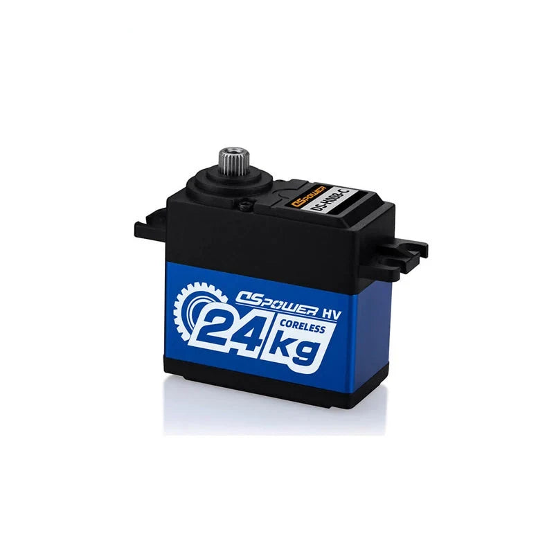 Blue and black DSpower DS-H008-C servo motor shown upright with splined output shaft and mounting tabs.