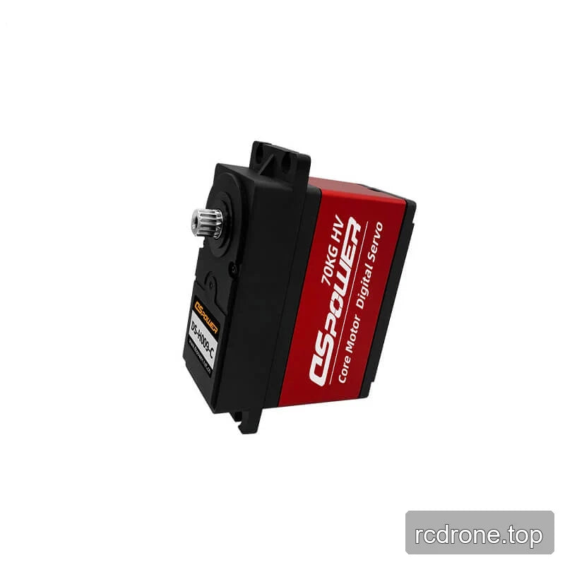 Angled side view of the DSpower DS-H009-C red and black servo motor with output spline and model label.