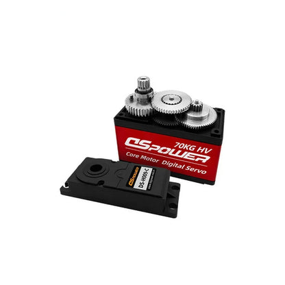 Opened DSpower DS-H009-C servo motor showing internal metal gears beside the removed black top cover.