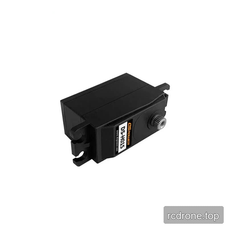 Sideways DSpower DS-H015 servo motor view with the labeled face, metal output spline, and mounting tabs.