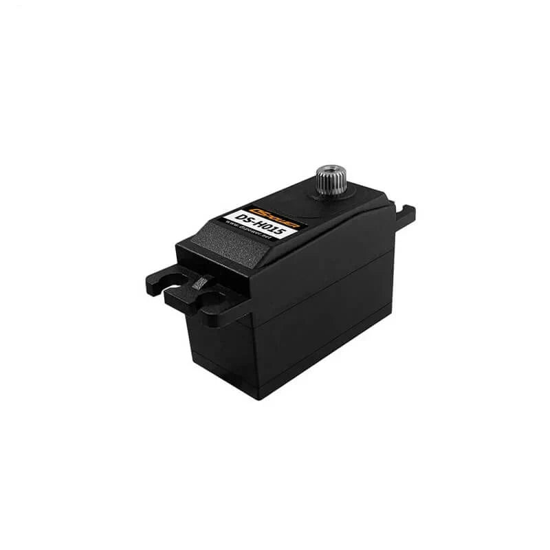 Black DSpower DS-H015 servo motor shown upright with a metal output spline and side mounting tabs.