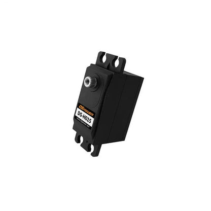 DSpower DS-H015 servo motor shown vertically, highlighting the front label, output spline, and mounting ears.