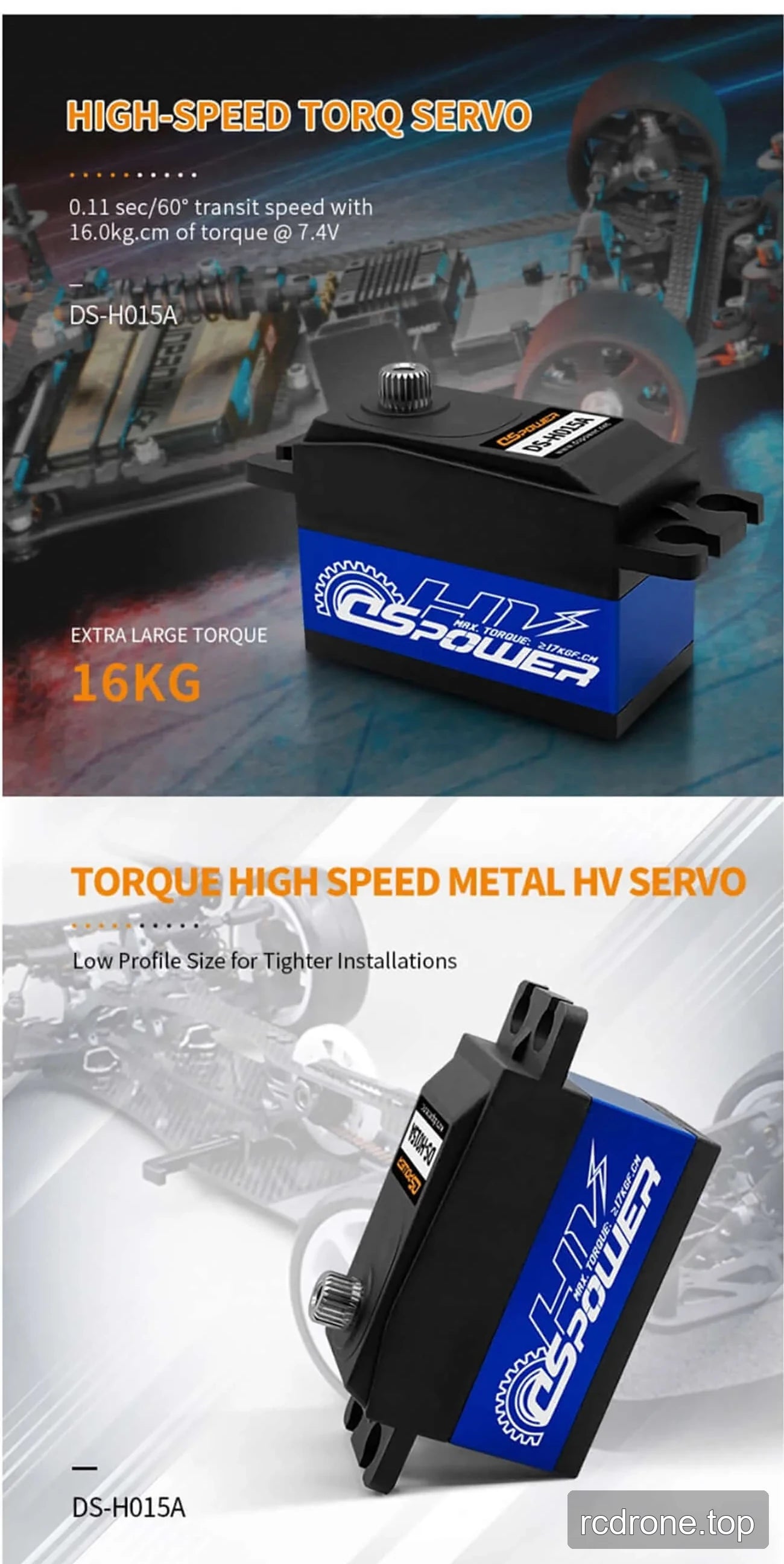 DSpower DS-H015A low-profile servo with RC car application and mounting hardware — section 2 of 5