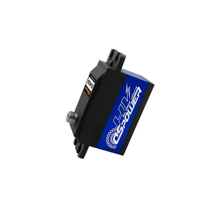 DSpower DS-H015A servo motor shown from the side, with blue DSpower panel, mounting tabs, and splined output shaft visible.