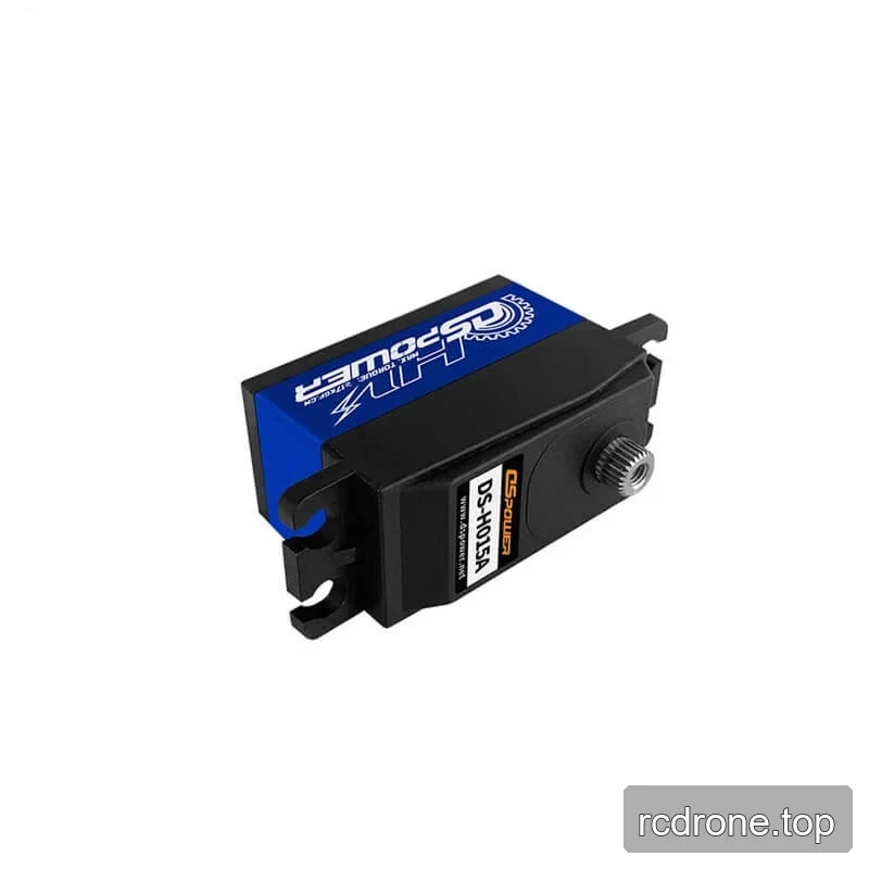 DSpower DS-H015A servo motor viewed from the opposite side, showing the model label, mounting tabs, blue panel, and output shaft.