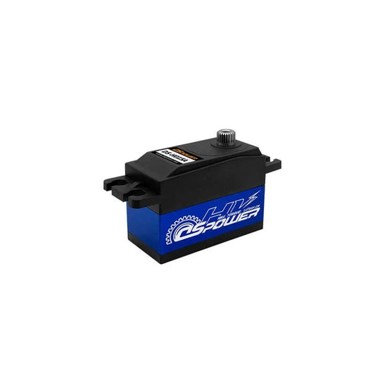 DSpower DS-H015A servo motor in a three-quarter view, showing the black housing, blue side label, and splined output shaft.