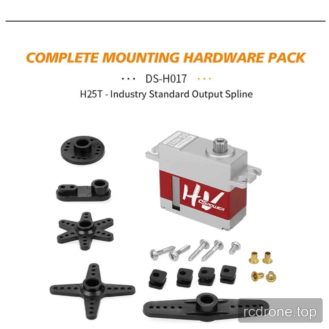 DSpower DS-H017 servo feature, applications, and mounting hardware graphic — section 5 of 5