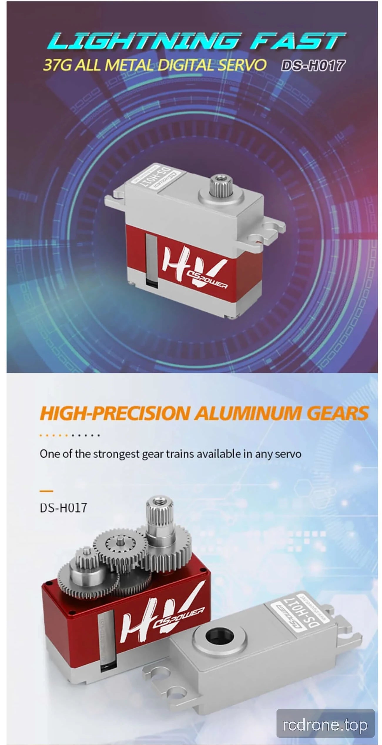 DSpower DS-H017 servo feature, applications, and mounting hardware graphic — section 2 of 5