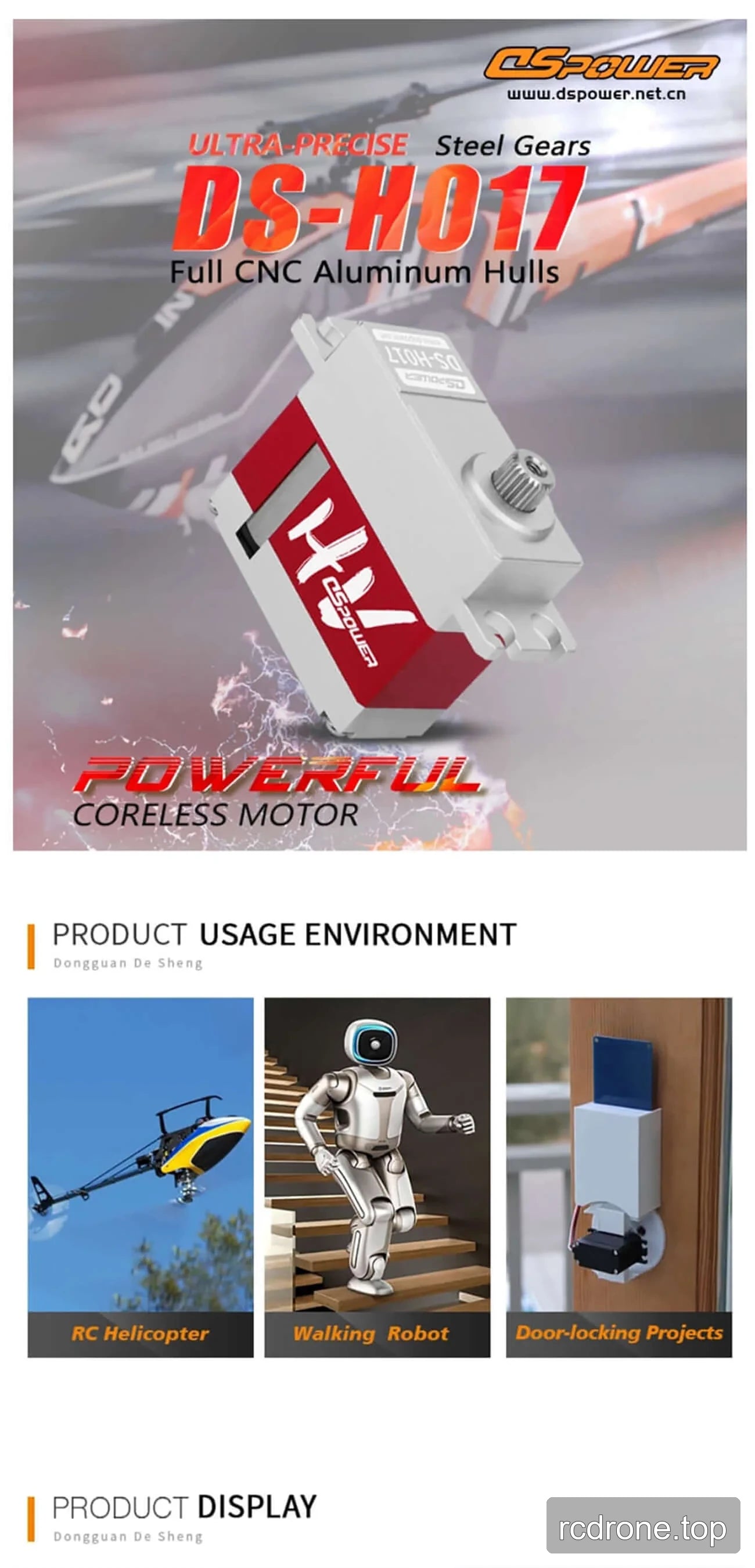 DSpower DS-H017 servo feature, applications, and mounting hardware graphic — section 1 of 5