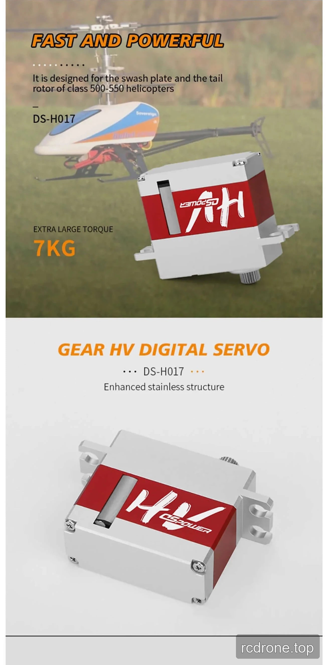 DSpower DS-H017 servo feature, applications, and mounting hardware graphic — section 3 of 5