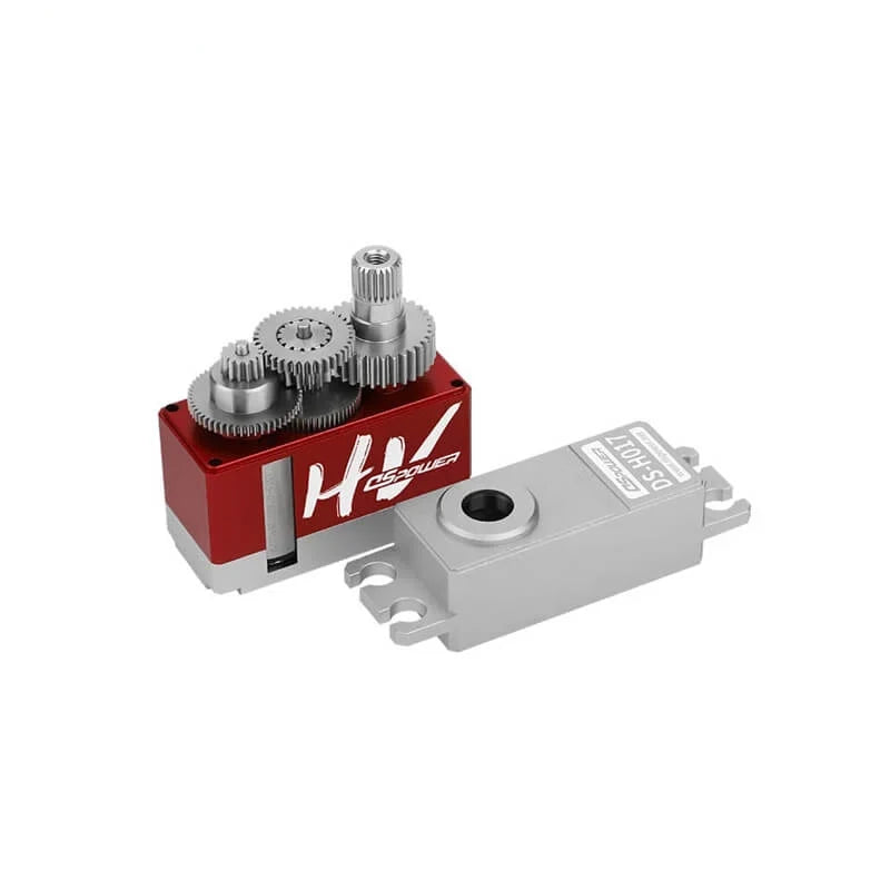 Opened DSpower DS-H017 servo motor showing the internal metal gear train beside its removed silver top cover.