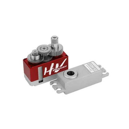 Opened DSpower DS-H017 servo motor showing the internal metal gear train beside its removed silver top cover.