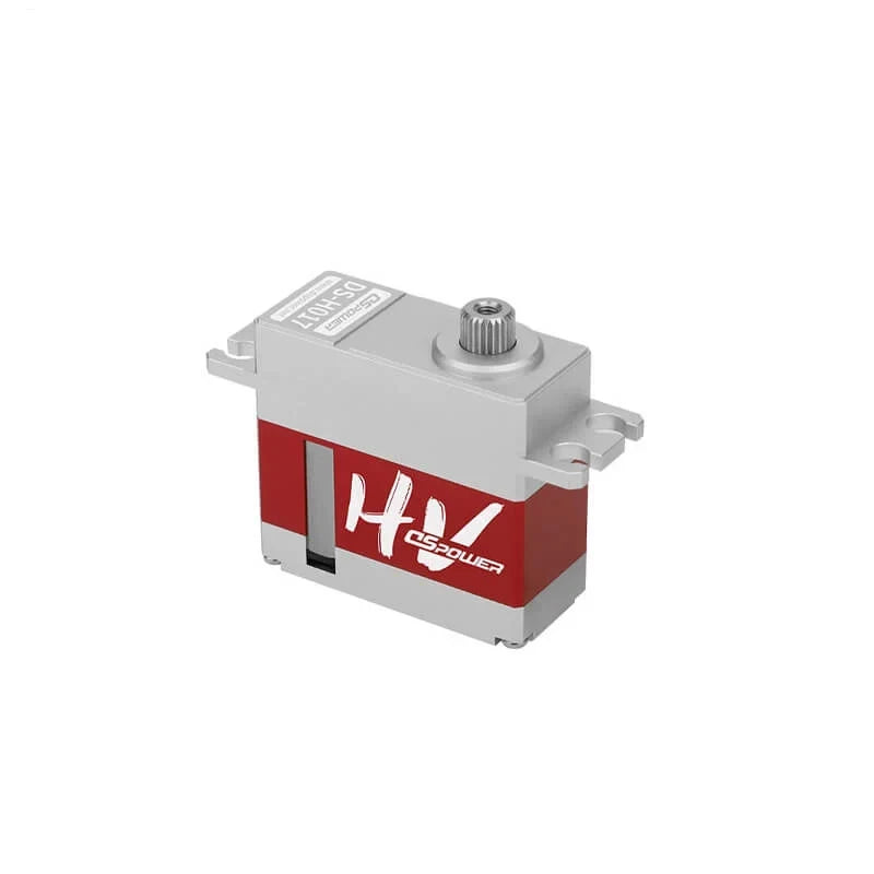 DSpower DS-H017 servo motor in a three-quarter front view, with silver housing, red side band, mounting tabs, and splined output shaft.