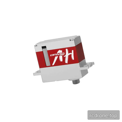 Side and underside angled view of the DSpower DS-H017 servo motor, showing its red branded band, mounting tabs, and output shaft.