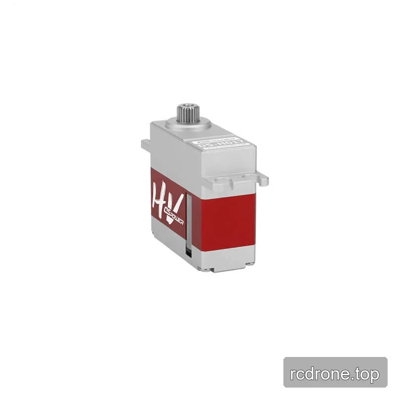 DSpower DS-H017 servo motor in an upright rear-side view, with the top output shaft, label, red side band, and mounting tabs visible.