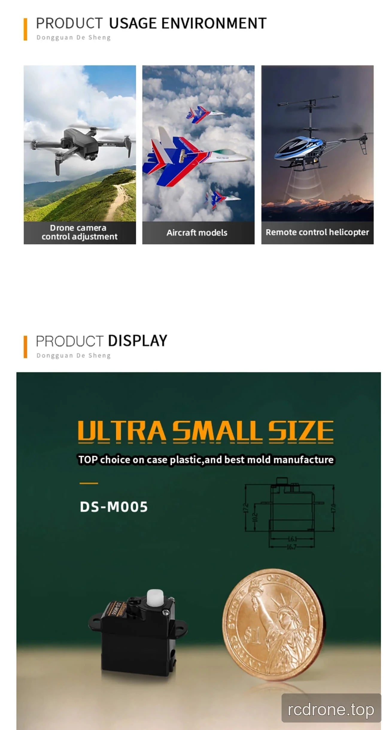 DS-M005 micro servo applications, horns, and compact size — section 1 of 4
