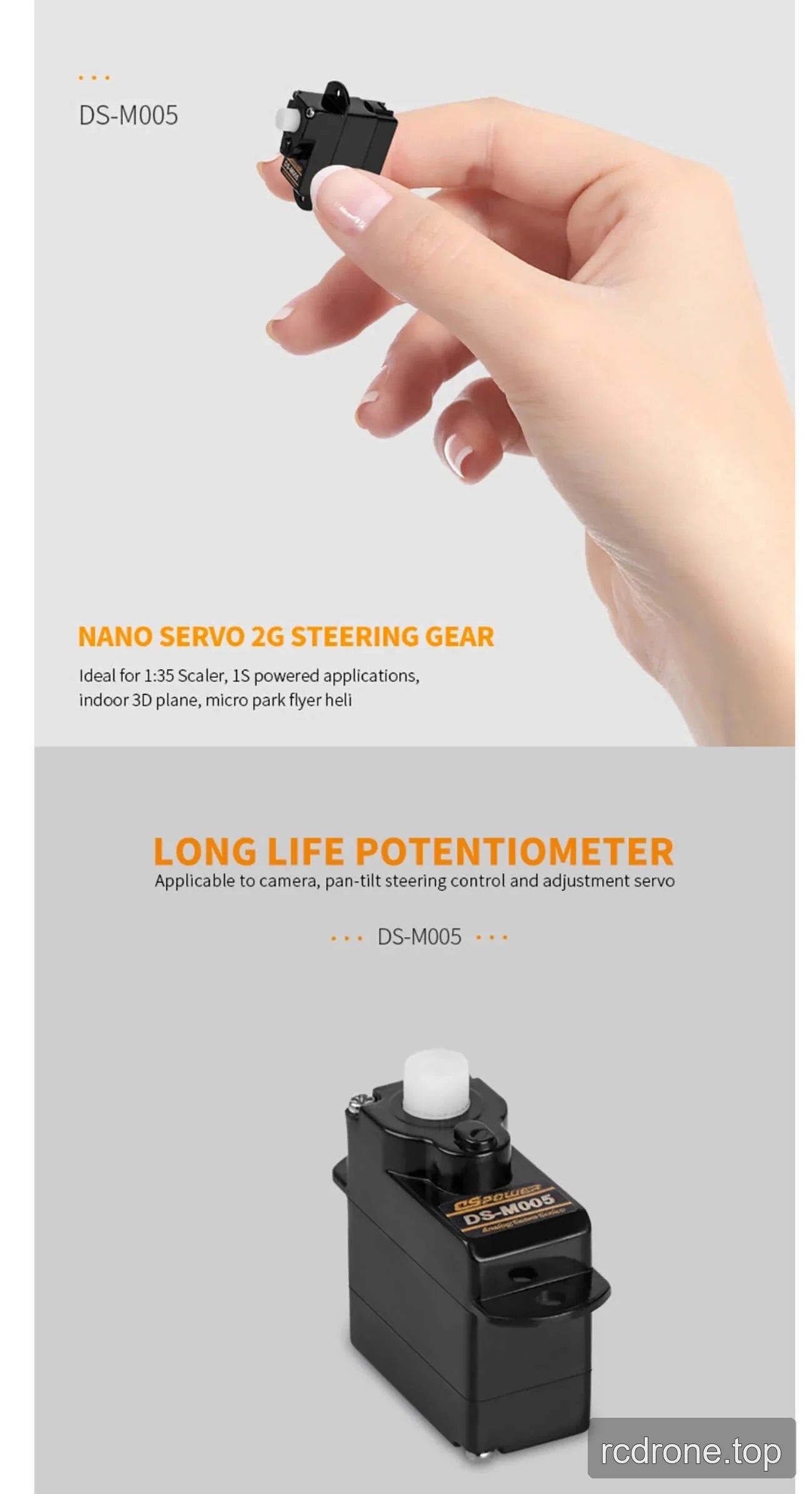 DS-M005 micro servo applications, horns, and compact size — section 3 of 4