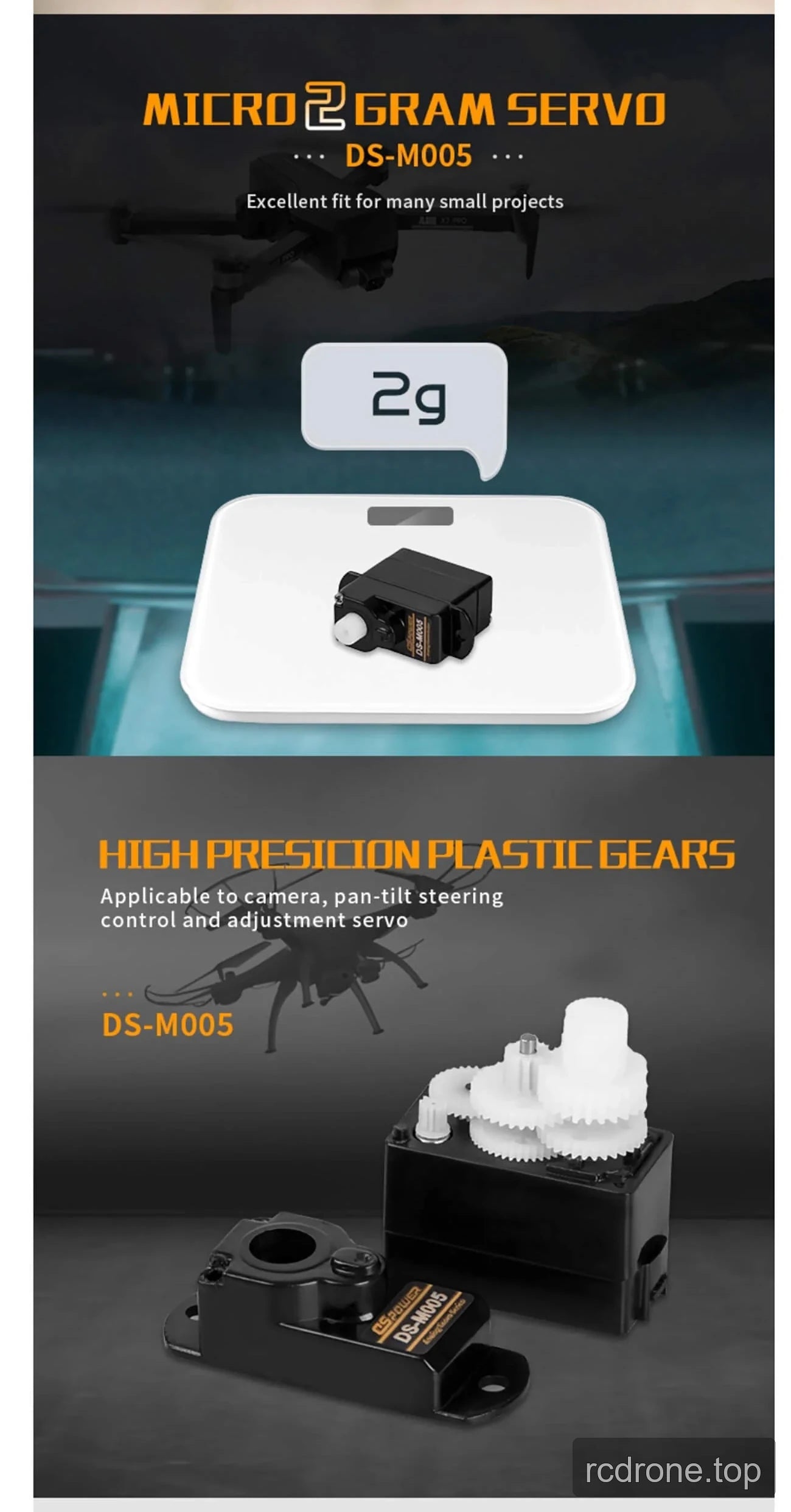 DS-M005 micro servo applications, horns, and compact size — section 2 of 4