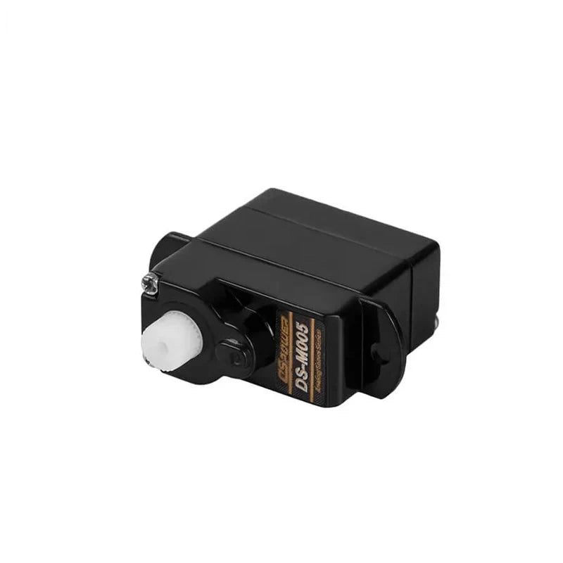 Black DSpower DS-M005 servo motor shown horizontally, with the white output spline facing left.