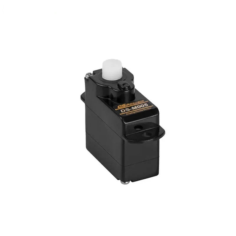 Black DSpower DS-M005 servo motor shown upright with white output spline and mounting tabs.