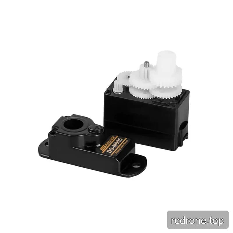 Opened DSpower DS-M005 servo housing showing white plastic internal gears and the removed top cover.