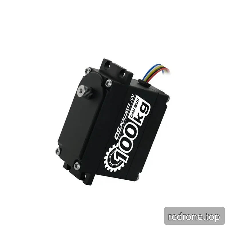Angled view of the black DSpower DS-P008 servo motor showing the splined output shaft, mounting tabs, and exiting multicolored cable.