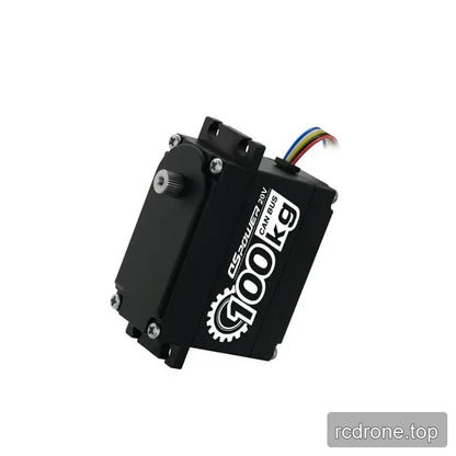 Angled view of the black DSpower DS-P008 servo motor showing the splined output shaft, mounting tabs, and exiting multicolored cable.