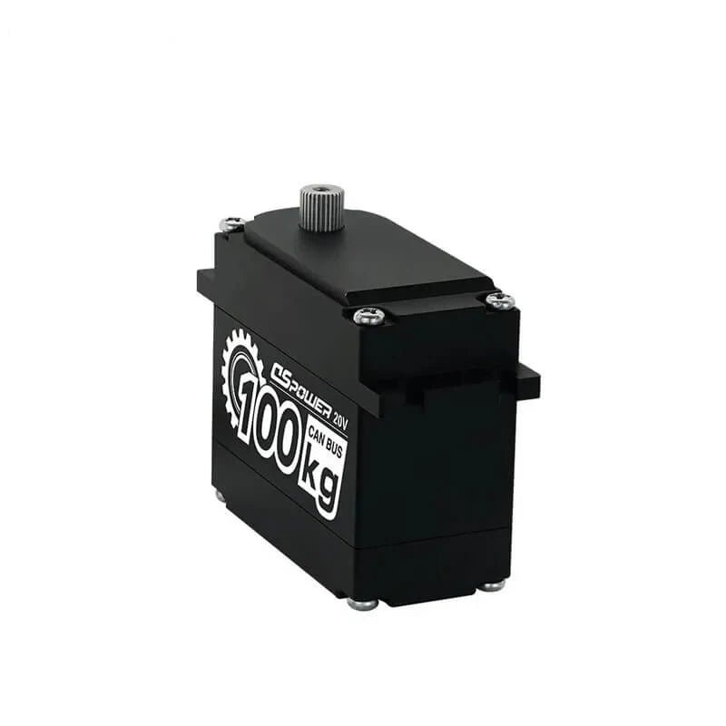 Black DSpower DS-P008 servo motor in a rear three-quarter view, showing the top splined shaft and side-mounted label.