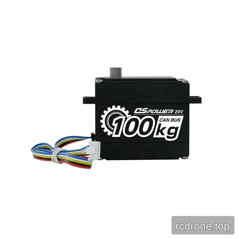 Side view of the black DSpower DS-P008 servo motor with a multicolored lead and white connector beside the housing.