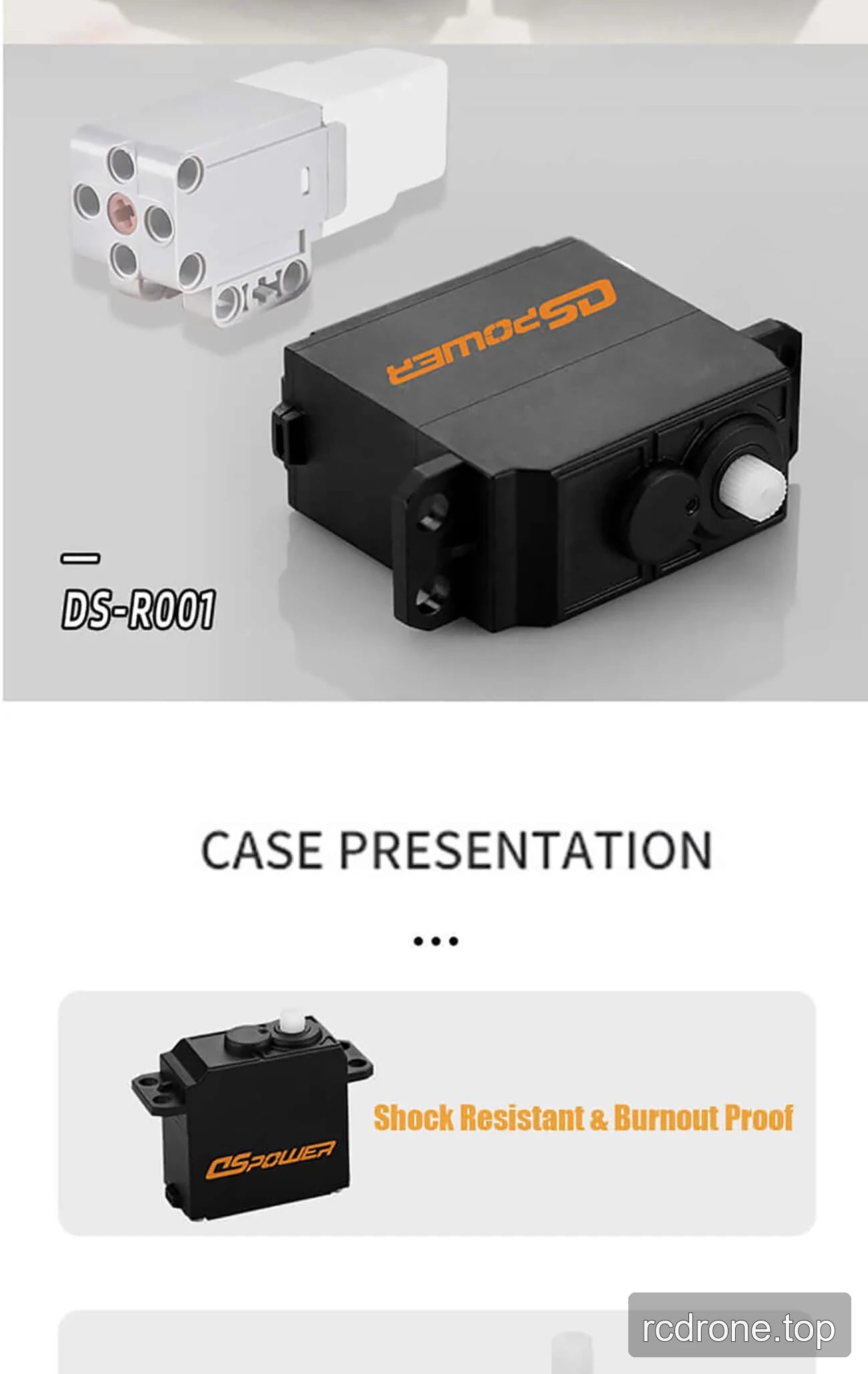 DSpower DS-R001 black PWM servo motor with exposed plastic gear assembly — section 3 of 4