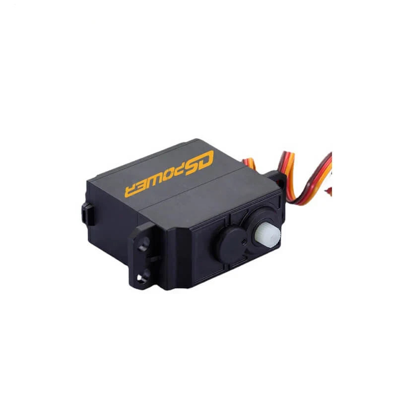 Black DSpower DS-R001 servo motor shown horizontally, with output shaft, mounting ear, and three-wire lead visible.