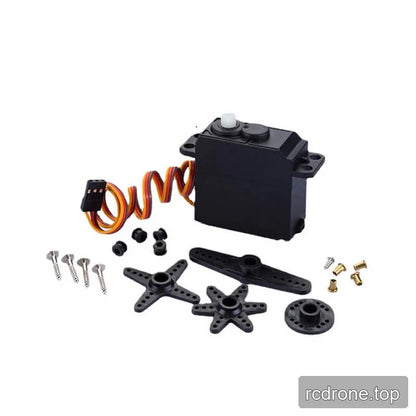 DSpower DS-R001 servo motor with three-wire connector, servo horns, mounting bushings, and screws arranged beside it.