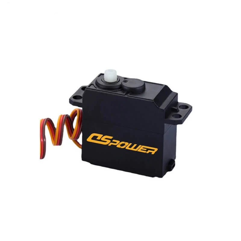 Black DSpower DS-R001 servo motor shown upright with output shaft, mounting tabs, and three-wire lead.