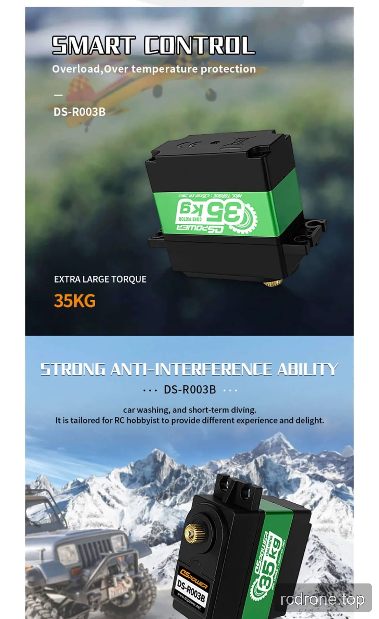 DSpower DS-R003B 35KG servo motor with RC aircraft, RC car, and walking robot examples — section 3 of 4