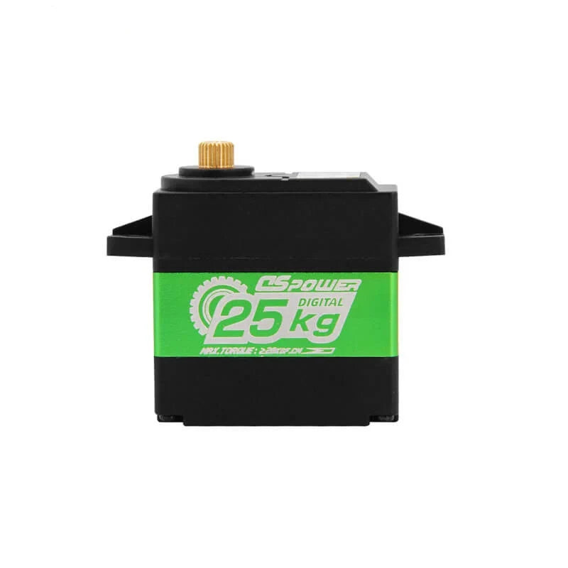 Black DSpower digital servo motor with green 25 kg label, shown front-on with a gold output spline.