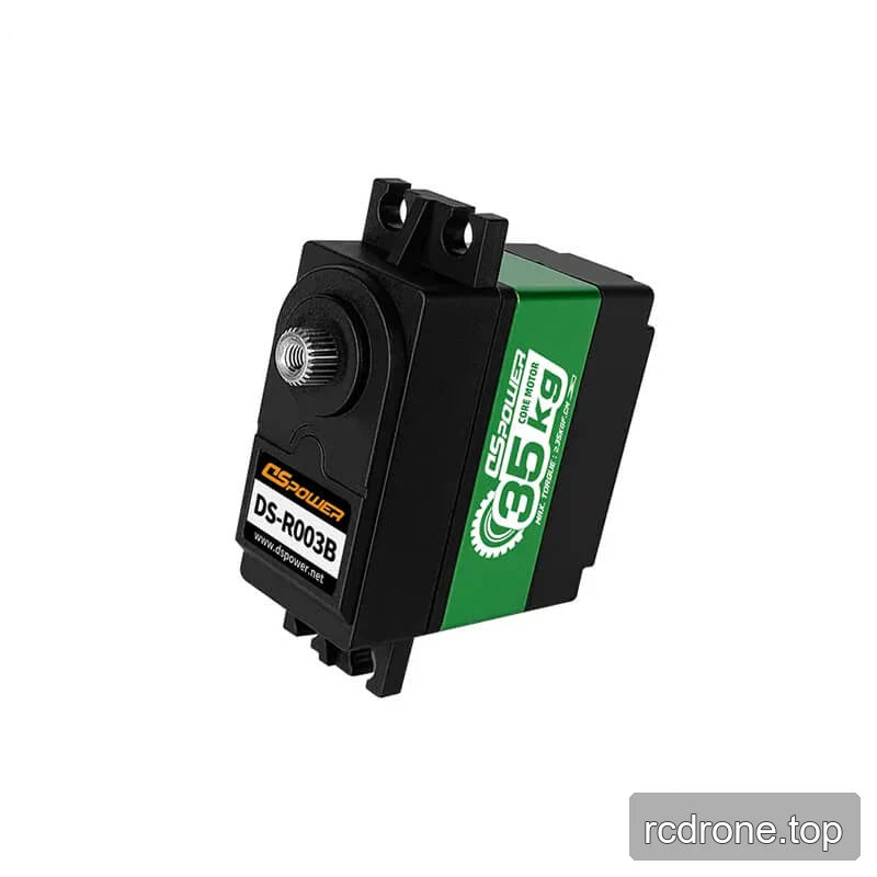 Angled view of the DSpower DS-R003B servo motor showing its output spline, mounting tabs, and green 35 kg side label.