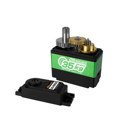 Opened DSpower DS-R003B servo motor showing the internal gear train above the green 35 kg labeled housing.