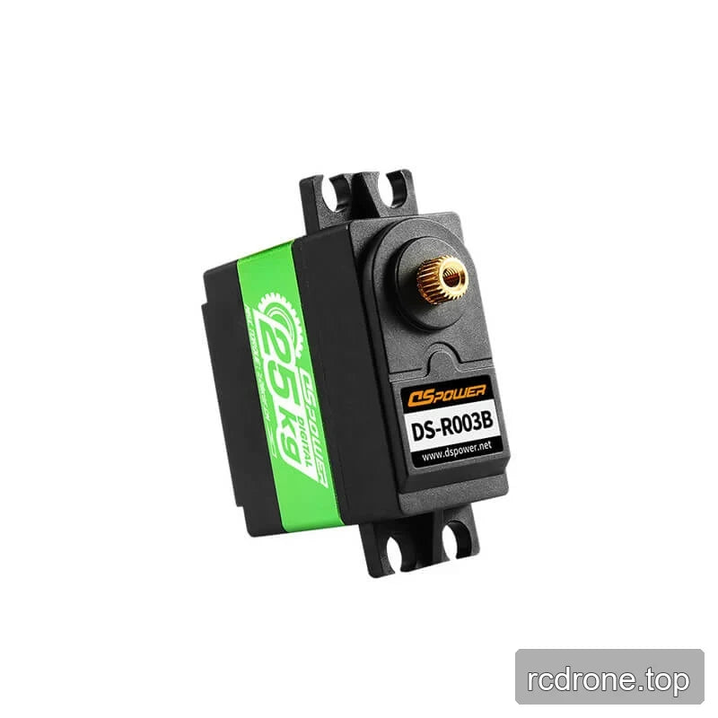Angled DSpower DS-R003B servo motor view with gold output spline, front model badge, and green 25 kg side label.
