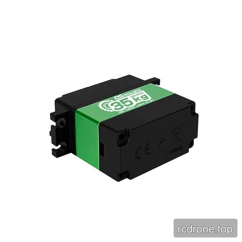 Rear underside view of the black DSpower servo motor with green 35 kg label and molded regulatory markings.