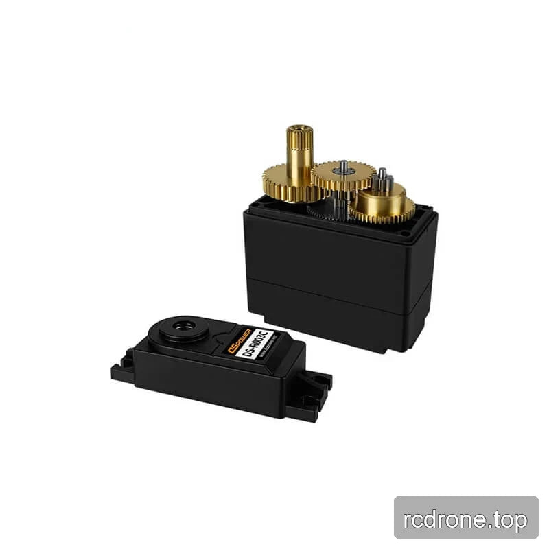 Opened DSpower DS-R003C servo motor showing several gold-colored internal gears above the black housing and removed top cover.